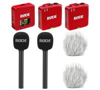 Rode Wireless GO Gen 3 - Sistema inalámbrico de micrófono de 2 canales, color rojo con 2 adaptadores de mano para entrevista GO y 2 protectores de viento Keepdrum