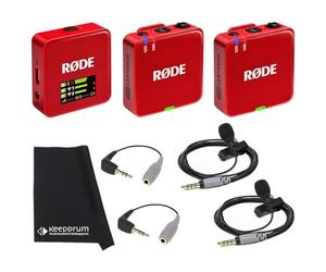 Rode Wireless GO Gen 3 - Sistema inalámbrico de micrófono de 2 canales, color rojo con 2 micrófonos Smartlav+ y 2 adaptadores SC3 y paño keepdrum