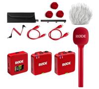 Rode Wireless GO Gen 3 - Sistema inalámbrico de micrófono de 2 canales, color rojo con adaptador de mano entrevista GO y cortavientos Keepdrum