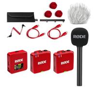 Rode Wireless GO Gen 3 - Sistema inalámbrico de micrófono de 2 canales, color rojo con adaptador de mano entrevista GO y cortavientos Keepdrum