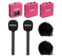 Rode Wireless GO Gen 3 - Sistema inalámbrico de micrófono de 2 canales, color rosa con 2 adaptadores de mano entrevista GO y 2 protectores de pelo Keepdrum BK