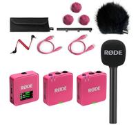 Rode Wireless GO Gen 3 - Sistema inalámbrico de micrófono de 2 canales, color rosa con adaptador de mano entrevista GO y protector de viento Keepdrum BK