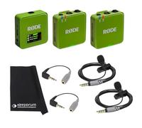 Rode Wireless GO Gen 3 - Sistema inalámbrico de micrófono de 2 canales, color verde, con 2 micrófonos Smartlav+ y 2 adaptadores SC3 y paño keepdrum