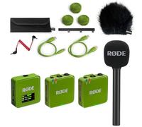 Rode Wireless GO Gen 3 - Sistema inalámbrico de micrófono de 2 canales, color verde con adaptador de mano entrevista GO y cortavientos Keepdrum BK
