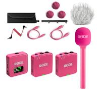 Rode Wireless GO Gen 3 Sistema inalámbrico de micrófono de 2 canales rosa con adaptador de mano Interview GO rosa y protector de viento de pelo keepdrum