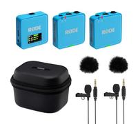 Rode Wireless GO Gen 3 - Sistema inalámbrico de micrófono inalámbrico de 2 canales, color azul con estuche de carga, 2 micrófonos Lavalier GO y 2 protectores de viento de piel
