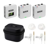 Rode Wireless GO Gen 3 - Sistema inalámbrico de micrófono inalámbrico de 2 canales, color blanco con funda de carga + 2 micrófonos Lavalier GO blancos y 2 protectores contra el viento WH