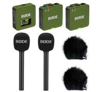 Rode Wireless GO Gen 3 - Sistema inalámbrico de micrófono inalámbrico de 2 canales, color caqui con 2 adaptadores de mano entrevista GO y 2 protectores de pelo Keepdrum BK