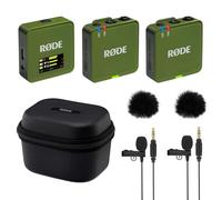 Rode Wireless GO Gen 3 - Sistema inalámbrico de micrófono inalámbrico de 2 canales, color caqui con estuche de carga, 2 micrófonos Lavalier GO y 2 protectores de viento de piel