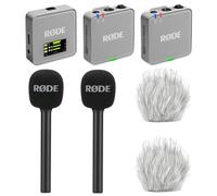 Rode Wireless GO Gen 3 - Sistema inalámbrico de micrófono inalámbrico de 2 canales, color gris piedra con 2 adaptadores de mano entrevista GO y 2 protectores de pelo Keepdrum
