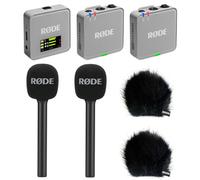 Rode Wireless GO Gen 3 - Sistema inalámbrico de micrófono inalámbrico de 2 canales, color gris piedra con 2 adaptadores de mano entrevista GO y 2 protectores de pelo Keepdrum BK