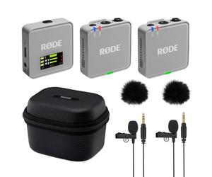 Rode Wireless GO Gen 3 - Sistema inalámbrico de micrófono inalámbrico de 2 canales, color gris piedra con estuche de carga, 2 micrófonos Lavalier GO y 2 protectores de viento de piel