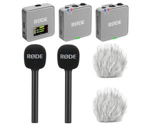 Rode Wireless GO Gen 3 - Sistema inalámbrico de micrófono inalámbrico de 2 canales, color gris piedra con 2 adaptadores de mano entrevista GO y 2 protectores de pelo Keepdrum