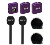 Rode Wireless GO Gen 3 - Sistema inalámbrico de micrófono inalámbrico de 2 canales, color morado con 2 adaptadores de mano entrevista GO y 2 protectores de pelo Keepdrum BK