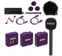 Rode Wireless GO Gen 3 - Sistema inalámbrico de micrófono inalámbrico de 2 canales, color morado con adaptador de mano entrevista GO y cortavientos Keepdrum BK