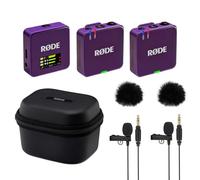Rode Wireless GO Gen 3 - Sistema inalámbrico de micrófono inalámbrico de 2 canales, color morado con funda de carga, 2 micrófonos Lavalier GO y 2 protectores de viento de piel