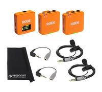 Rode Wireless GO Gen 3 - Sistema inalámbrico de micrófono inalámbrico de 2 canales, color naranja con 2 micrófonos Smartlav+ y 2 adaptadores SC3 y paño keepdrum