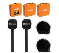 Rode Wireless GO Gen 3 - Sistema inalámbrico de micrófono inalámbrico de 2 canales, color naranja con 2 adaptadores de mano para entrevista GO y 2 protectores de pelo Keepdrum BK