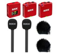 Rode Wireless GO Gen 3 - Sistema inalámbrico de micrófono inalámbrico de 2 canales, color rojo con 2 adaptadores de mano para entrevista GO y 2 protectores de viento Keepdrum BK