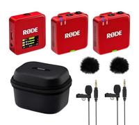 Rode Wireless GO Gen 3 - Sistema inalámbrico de micrófono inalámbrico de 2 canales, color rojo con estuche de carga, 2 micrófonos Lavalier GO y 2 protectores de viento de piel