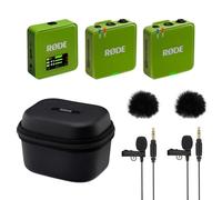 Rode Wireless GO Gen 3 - Sistema inalámbrico de micrófono inalámbrico de 2 canales, color verde con estuche de carga, 2 micrófonos Lavalier GO y 2 protectores de viento de piel