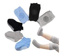 Rodilleras de bebé para gatear, 3 pares de calcetines antideslizantes unisex con agarres y 3 pares de rodilleras antideslizantes para niños de 0 a 24 meses (negro, azul, gris), Negro, azul, gris
