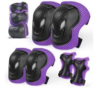 Rodilleras y coderas para niños, juego de equipo de protección deportiva ajustable de 6 en 1 con bolsa de malla para patineta, patinaje, ciclismo y deportes al aire libre (morado, M)