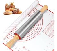 Rodillo Cocina, Rodillo Amasar de Acero Inoxidable Antiadherente con Mango de Madera, Tapete Silicona Horno con Marca de Medición, Gadgets Cocina para Todas Masas, Pizza, Galletas, Pastel, Chapati