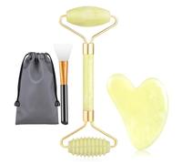Rodillo de Jade Masajeador Facial, Gua Sha y Cepillo Mascarilla Facial, rodillo masaje, rodillo facial, natural real para regalo antienvejecimiento y rejuvenecimiento (amarillo)