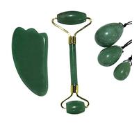 Rodillo de jade verde natural Piedra de jade Guasha Junta Yoni Egg Set Masajeador facial Herramienta de elevación Rodillo facial Huevo de jade Kegel Ejercitador, 3Pcs Set