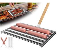 Rodillo de perro caliente extra grande para parrilla, estante de acero inoxidable de 11.5 pulgadas con tenedor de mango de madera, parrilla de perro caliente rodante manual para cocinar uniformemente