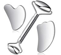 Rodillo facial de acero inoxidable 3 en 1, juego de herramientas de masaje con raspado Gua Sha para rostro, ojos, cuello, cuerpo, antienveje