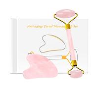 Rodillo facial de cuarzo rosa Gua Sha, juego de raspador para masaje facial, 100% natural, kit de gouache de cristal rosa, herramientas de cuidado de la piel, set de poliuretano con caja