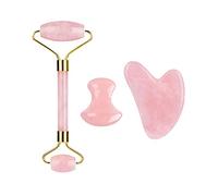 Rodillo facial de cuarzo rosa y juego de Gua Sha, piedra de jade natural, herramientas Guasha, rodillo de masaje gouache, masajeador de elevación facial, tipo 3