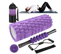 Rodillo Masaje Muscular, Qveetry 6en1 Rodillos de Espuma con Palos de Masaje, Bolas de Masaje, Foam Roller para Rodillos de Masaje de Tejido Profundo (Púrpura)