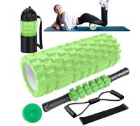 Rodillo Masaje Muscular, Qveetry 6en1 Rodillos de Espuma con Palos de Masaje, Bolas de Masaje, Foam Roller para Rodillos de Masaje de Tejido Profundo (Verde)