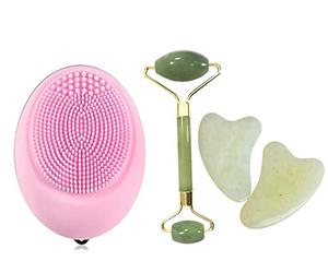 rodillo masajeador facial de piedra jade cuarzo y Cepillo Limpiador de Silicona Orgánica Masaje exfoliante rejuvenece rostro cara cuello y ojos con esta herramienta perfecta cuidar tu piel
