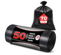 Roe Tenpo Paquete de 50 bolsas de basura resistentes, 70 litros, 30 micras, parte superior plana, fuerte y duradera, resistente a desgarros, bolsas de basura negras para uso diario, uso doméstico y