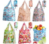 Roellgs 5 bolsas de compras plegables en bolsa, bolsas de comestibles plegables ecológicas, bolsa de comestibles lavable con bolsa adjunta, impermeable, de poliéster, bolsas de tela de compras de