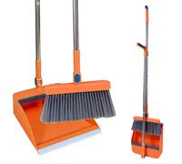 Roellgs Juego de recogedor de escoba con dientes de peine, resistente al viento, mango largo, vertical, juego de recogedor, limpieza del hogar (naranja)
