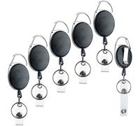 Roellgs Paquete de 6 llaveros retráctiles para identificación con correa de vinilo y llavero, soporte para tarjetas de identificación, mosquetón y clip para cinturón para sujetar (negro)