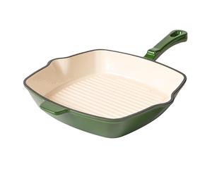 Römertopf - Sartén cuadrada de hierro fundido de 24 cm para carne, revestimiento esmaltado, todo tipo de fuegos, incluida inducción, apta para horno a 250 °C, tiras de parrilla para freír bajo en