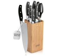 Rösle Cuisine Bloque de Cuchillos con Cepillo, 7 Piezas, de Calidad con Madera de Bambú con 5 Cuchillos Afilados y Tijeras de Cocina, Hojas de Acero Especial, Protector de Dedos