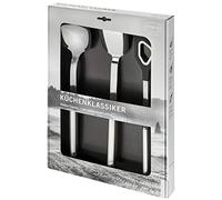 RÖSLE Juego de Cocina clásico de 3 Piezas, espátula, Cuchara y Cuchara de Cocina con Borde de Silicona y Mango Redondo, Acero Inoxidable 18/10, Apto para lavavajillas