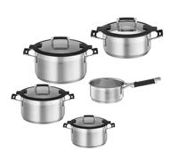 RÖSLE SILENCE PRO - Batería de cocina (5 piezas, 3 ollas, 1 cacerola y 1 cazo de acero inoxidable 18/10, tapa de cristal, escala interior, apta para inducción y lavavajillas)