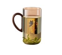 ROEUIPG 500ml Wooden Handle Transparent Drinkware Glass Cup Household Coffee Mug Leaf Pattern Drinking Glasses Coffeeware Teaware(Lotus Pattern)