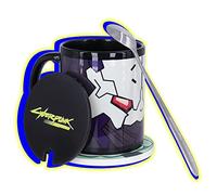 Roffatide Anime Cyberpunk Edgerunners Tazas: Adam Smasher Mug & Rebecca Coasters Black Coffee Cup Set (Black Cup Ceramic Coasters Lid Spoon) Regalo para la Navidad Cumpleaños