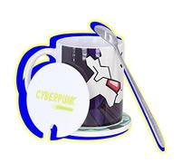 Roffatide Anime Cyberpunk Edgerunners Tazas: Adam Smasher Mug & Rebecca Coasters Set de café negro (taza de cerámica negro posavasos Tapa Cuchara) Regalo para la Navidad Cumpleaños