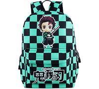 Roffatide Anime Demon Slayer Kamado Tanjirou Mochila Negro Verde Mochila Escolar a Cuadros Mochila para Portátil de Gran Capacidad