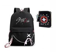 Roffatide KPOP Stray Kids Bolso escolar con cartera para niñas niños KPOP SKZ Merch Mochila Casual Bolso para oficina Viajes escolares Compras Negro D